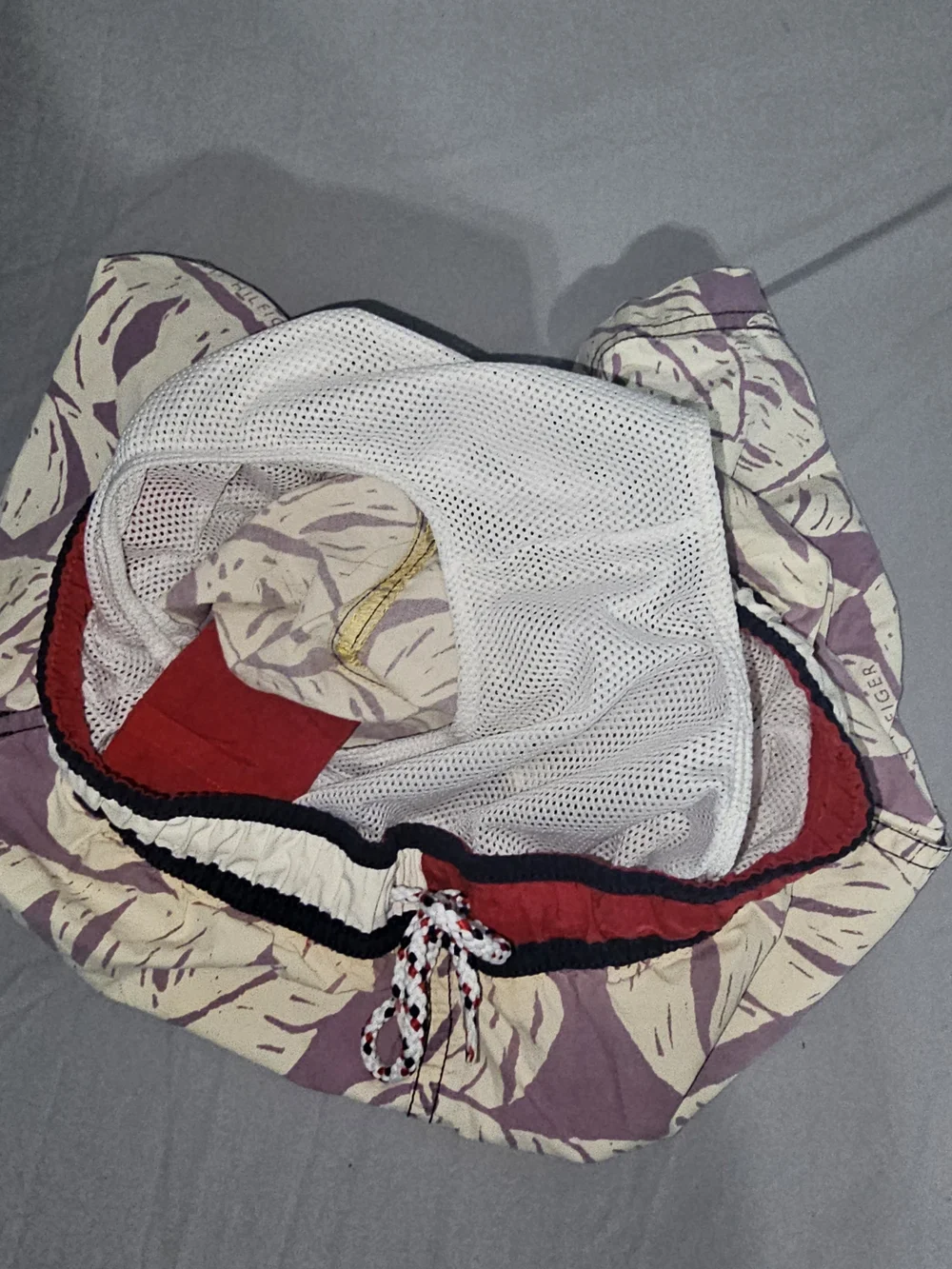Tommy Hilfiger Purple Leaf-Print Kids Swim Trunks with Cream Pattern
